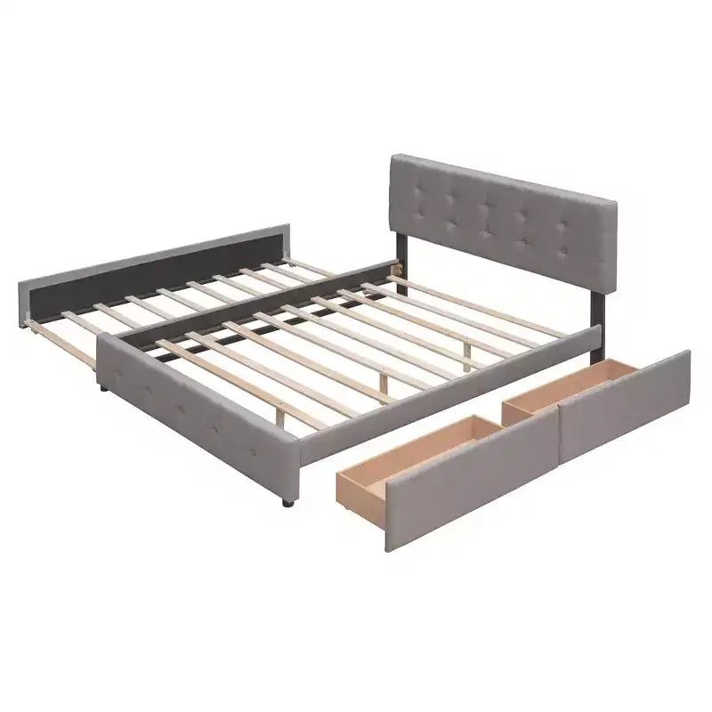 Letto a piattaforma imbottito in lino Beige/Grigio con 2 cassetti e letto estraibile Twin XL, Queen, 2 posti letto