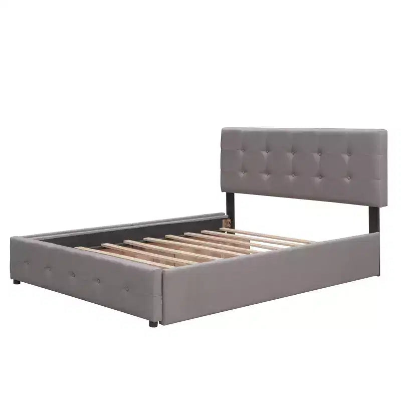 Letto a piattaforma imbottito in lino Beige/Grigio con 2 cassetti e letto estraibile Twin XL, Queen, 2 posti letto