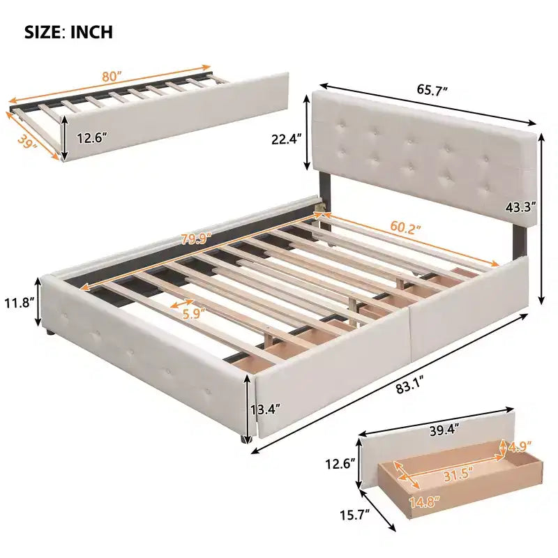 Letto a piattaforma imbottito in lino Beige/Grigio con 2 cassetti e letto estraibile Twin XL, Queen, 2 posti letto
