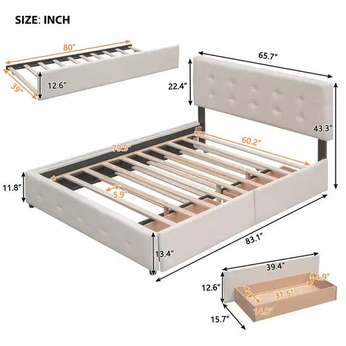 Letto a piattaforma imbottito in lino Beige/Grigio con 2 cassetti e letto estraibile Twin XL, Queen, 2 posti letto