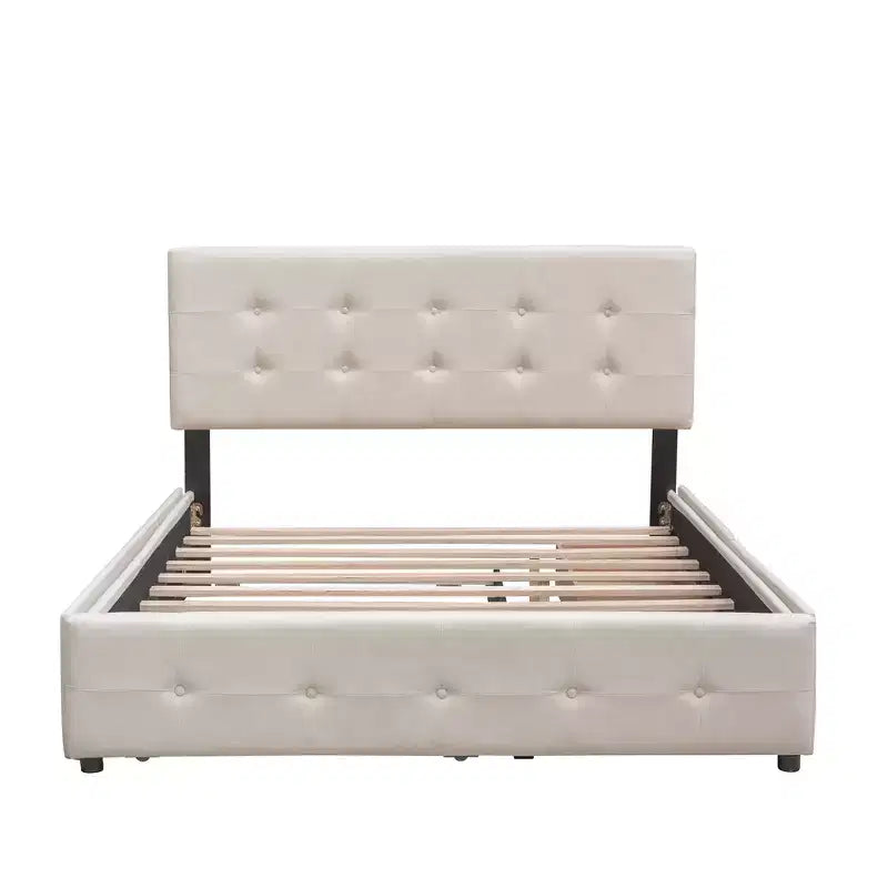 Letto a piattaforma imbottito in lino Beige/Grigio con 2 cassetti e letto estraibile Twin XL, Queen, 2 posti letto