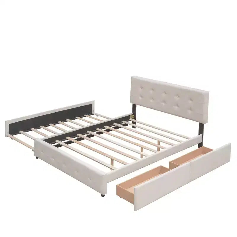 Letto a piattaforma imbottito in lino Beige/Grigio con 2 cassetti e letto estraibile Twin XL, Queen, 2 posti letto