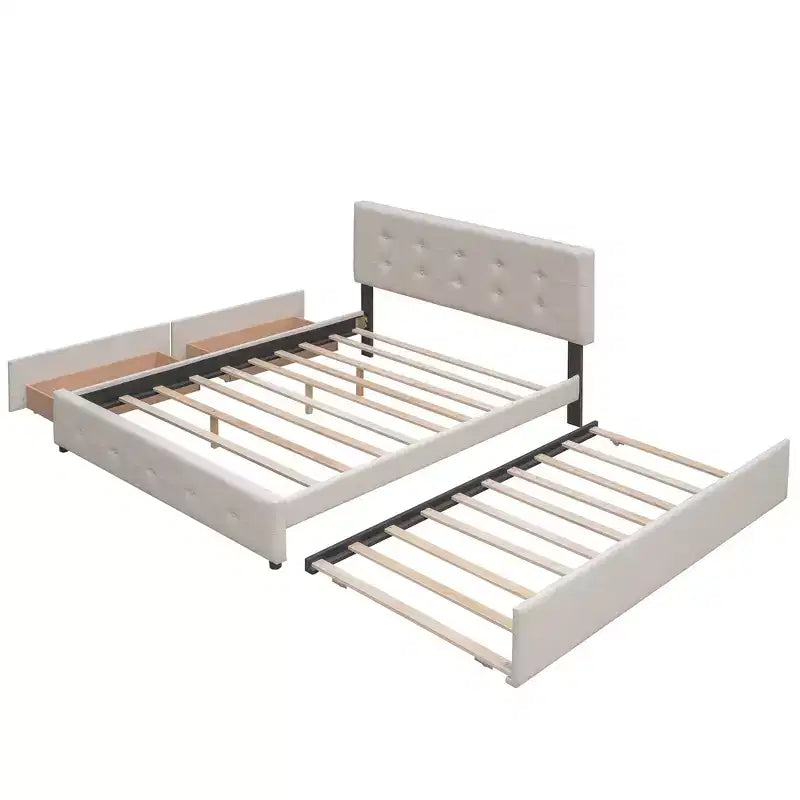 Letto a piattaforma imbottito in lino Beige/Grigio con 2 cassetti e letto estraibile Twin XL, Queen, 2 posti letto