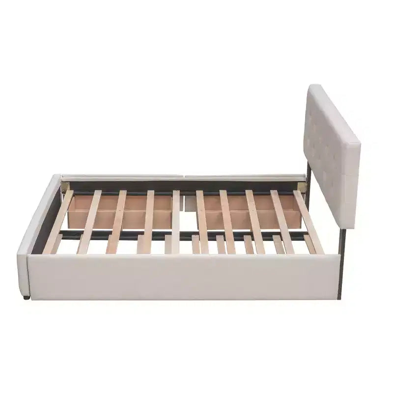 Letto a piattaforma imbottito in lino Beige/Grigio con 2 cassetti e letto estraibile Twin XL, Queen, 2 posti letto