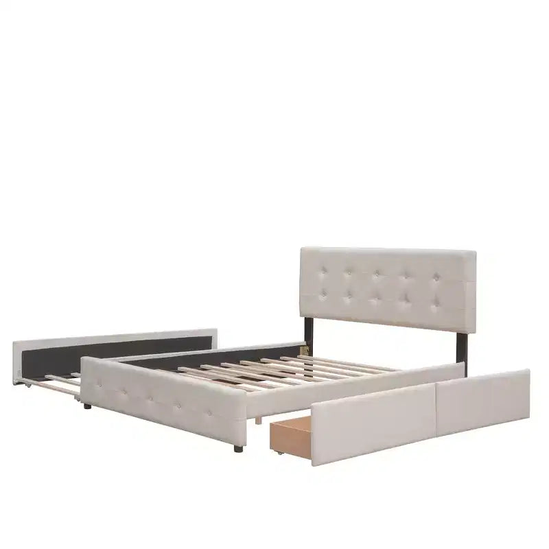 Letto a piattaforma imbottito in lino Beige/Grigio con 2 cassetti e letto estraibile Twin XL, Queen, 2 posti letto
