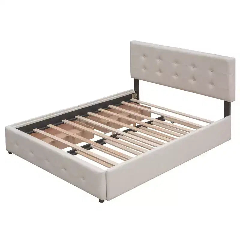 Letto a piattaforma imbottito in lino Beige/Grigio con 2 cassetti e letto estraibile Twin XL, Queen, 2 posti letto