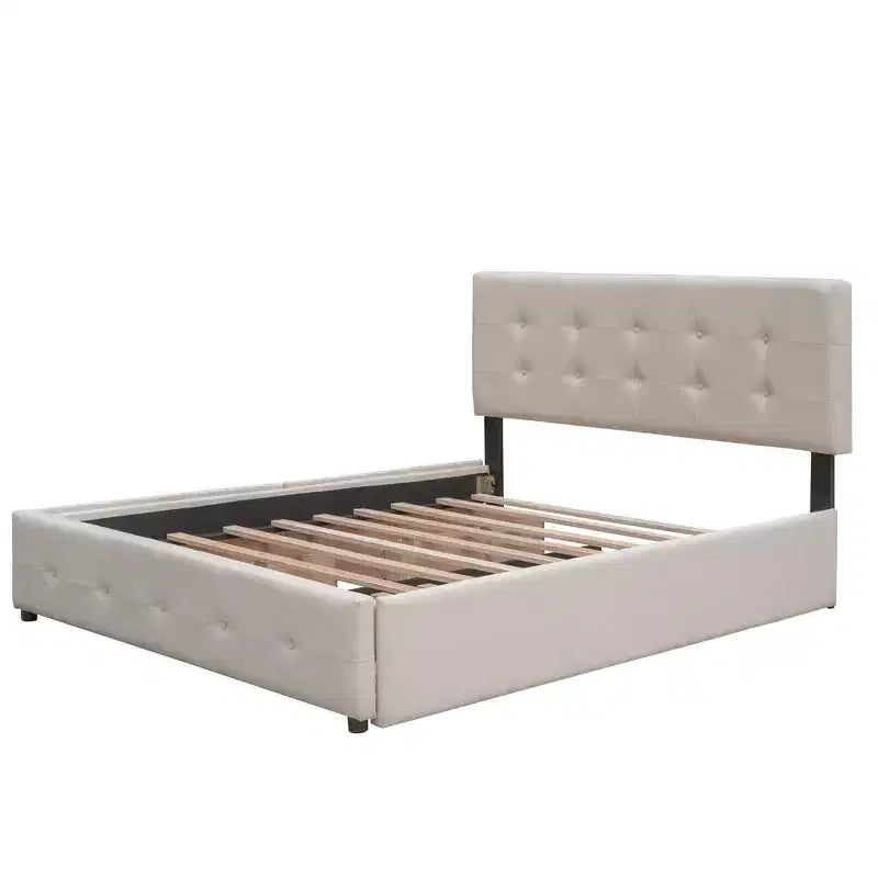 Letto a piattaforma imbottito in lino Beige/Grigio con 2 cassetti e letto estraibile Twin XL, Queen, 2 posti letto