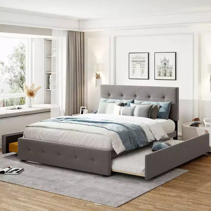 Letto a piattaforma imbottito in lino Beige/Grigio con 2 cassetti e letto estraibile Twin XL, Queen, 2 posti letto