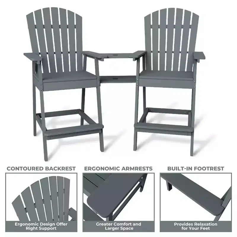 Sgabelli da bar Adirondack in blu/grigio/bianco/legno, set da 2, con vassoio di collegamento