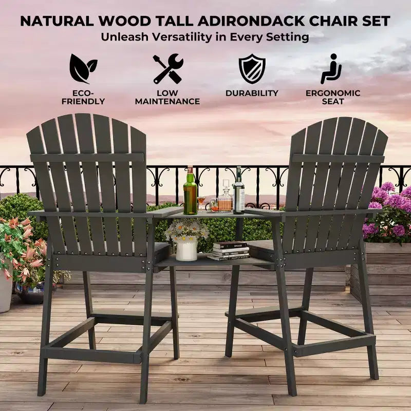 Sgabelli da bar Adirondack in blu/grigio/bianco/legno, set da 2, con vassoio di collegamento