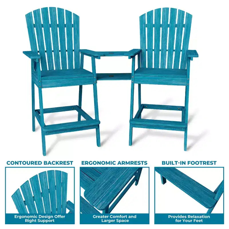 Sgabelli da bar Adirondack in blu/grigio/bianco/legno, set da 2, con vassoio di collegamento