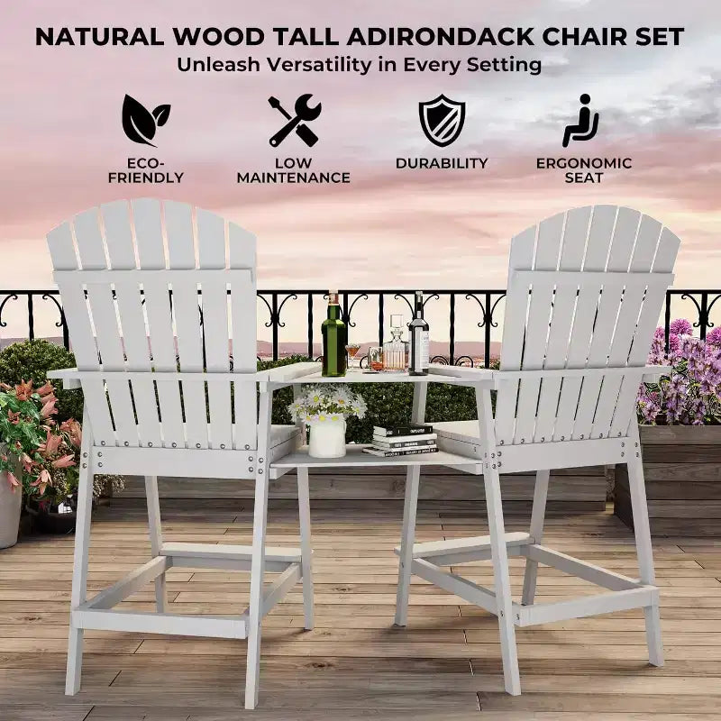 Sgabelli da bar Adirondack in blu/grigio/bianco/legno, set da 2, con vassoio di collegamento