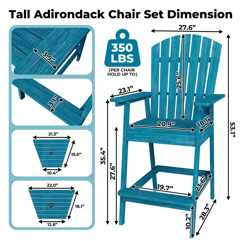 Sgabelli da bar Adirondack in blu/grigio/bianco/legno, set da 2, con vassoio di collegamento