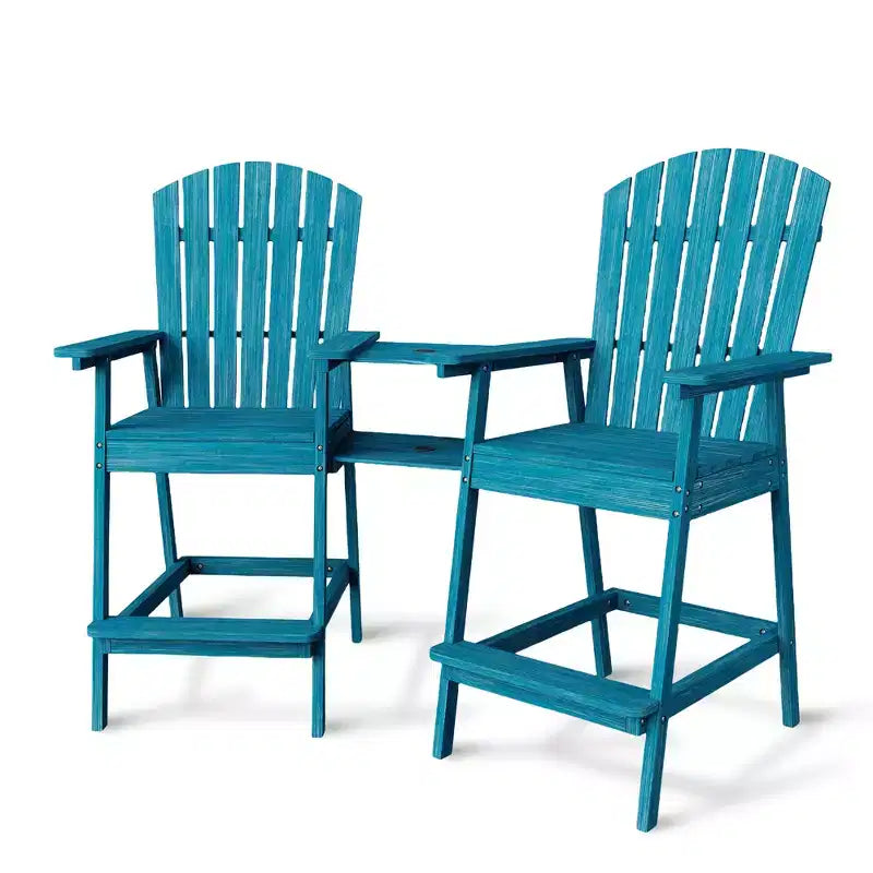 Sgabelli da bar Adirondack in blu/grigio/bianco/legno, set da 2, con vassoio di collegamento