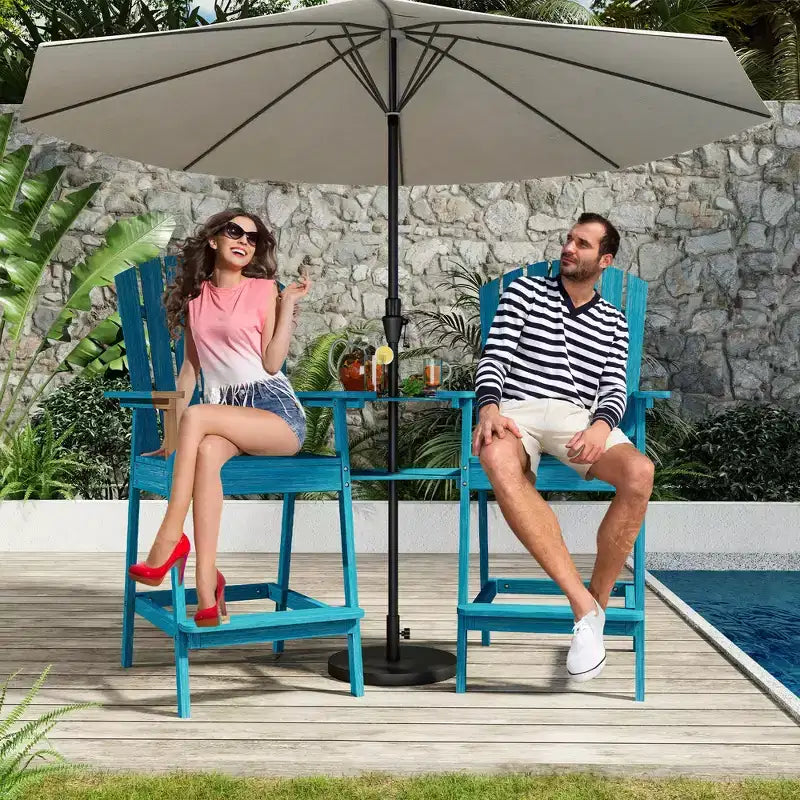 Sgabelli da bar Adirondack in blu/grigio/bianco/legno, set da 2, con vassoio di collegamento