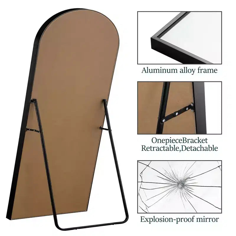 Specchio da terra ad arco nero a figura intera, 31" L x 71" H, autoportante, 1 persona