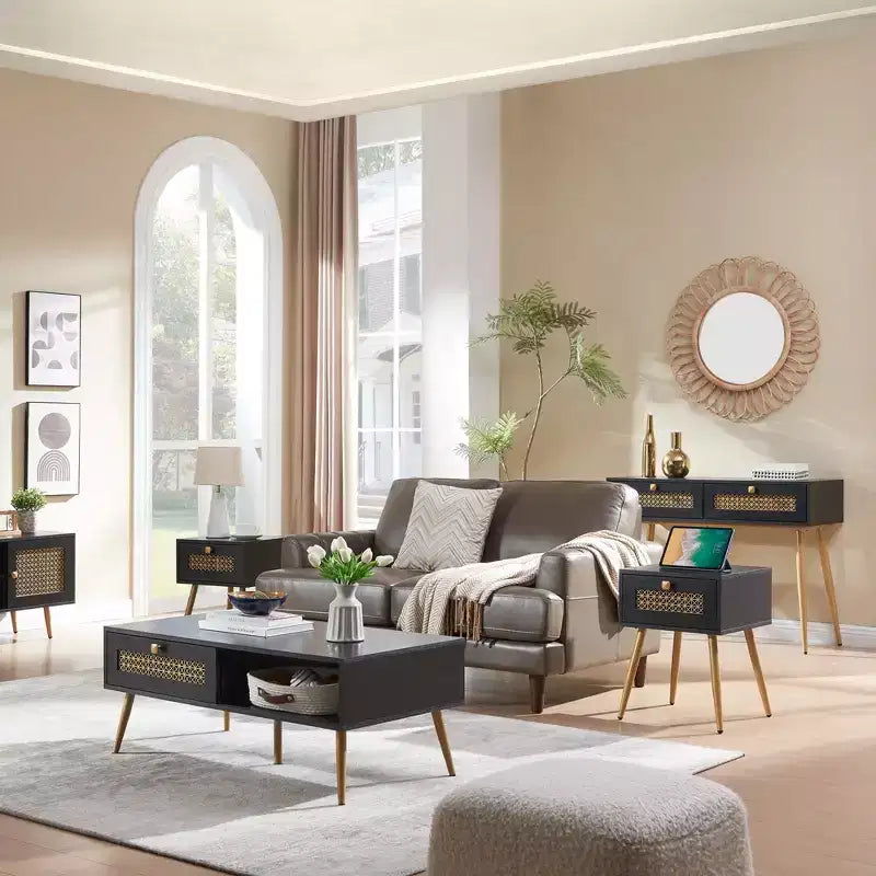 Tavolino da salotto Probe Hues Farmhouse con cassetto, piano impermeabile e design curvo