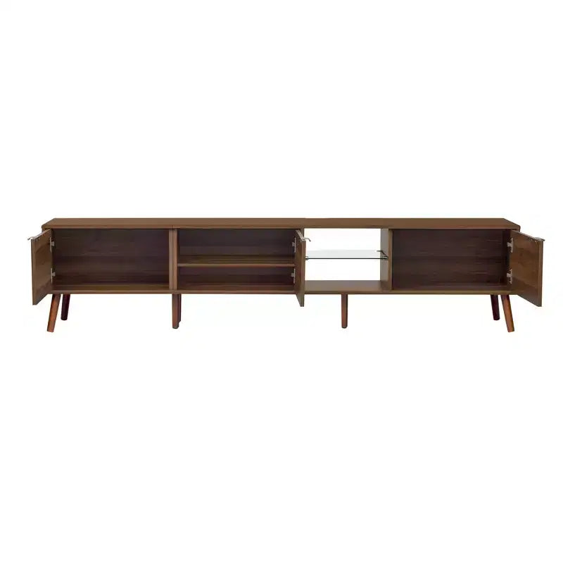 Mobile porta TV ModernLuxe per TV fino a 85", Centro di intrattenimento con ripiani aperti e ante in rattan, Tavolo console, Noce