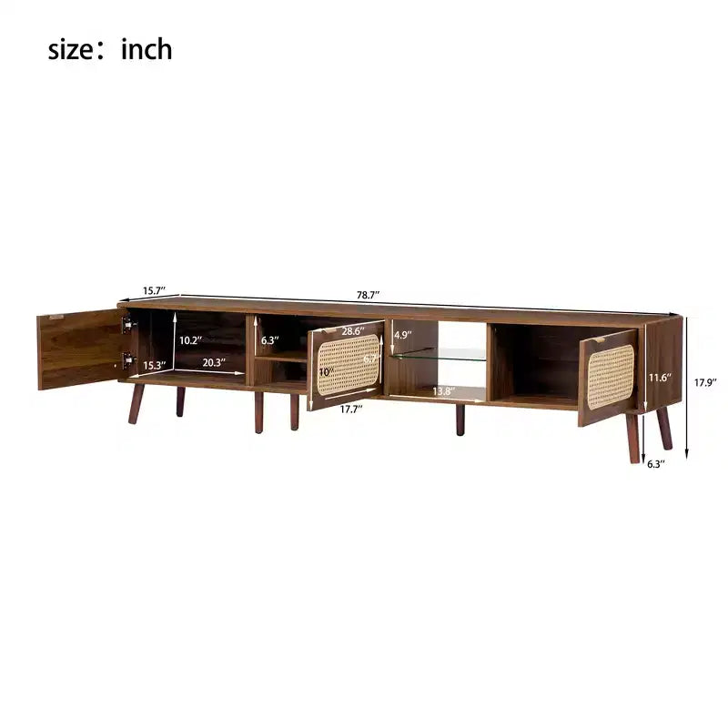 Mobile porta TV ModernLuxe per TV fino a 85", Centro di intrattenimento con ripiani aperti e ante in rattan, Tavolo console, Noce