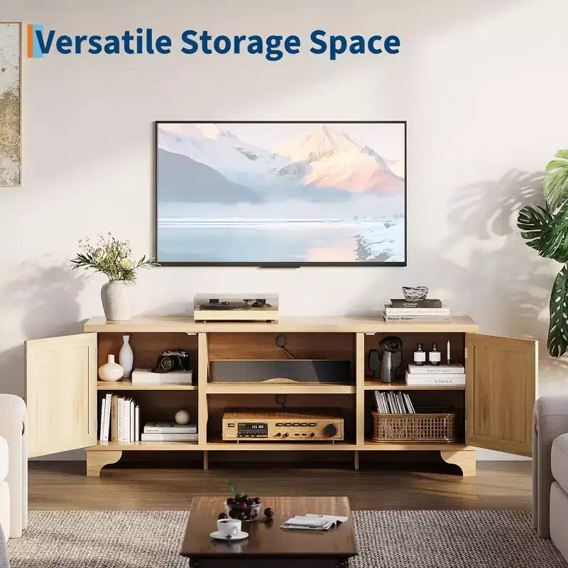 Mobile TV moderno in rattan per TV fino a 70", centro di intrattenimento da 61" con armadietto e ripiani aperti, tavolo console multimediale in legno
