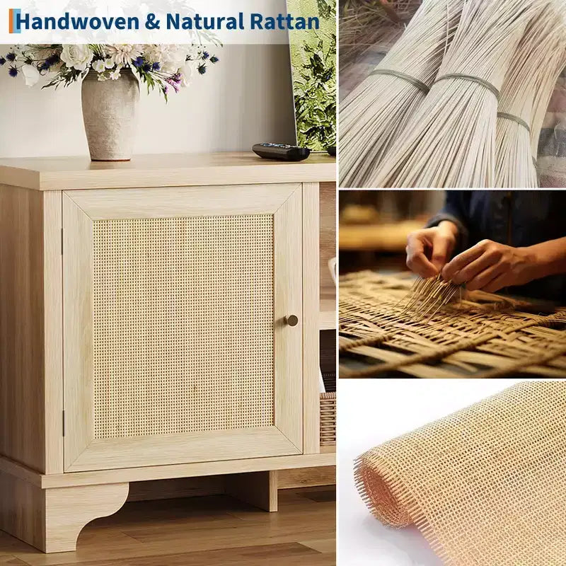 Mobile TV moderno in rattan per TV fino a 70", centro di intrattenimento da 61" con armadietto e ripiani aperti, tavolo console multimediale in legno