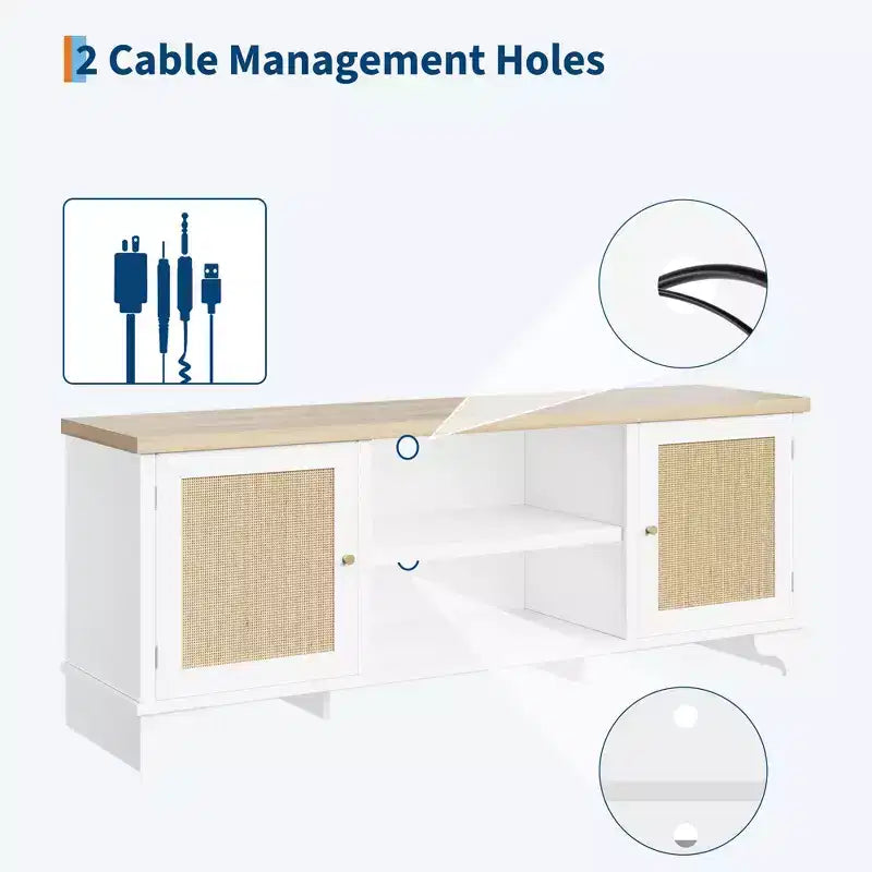 Mobile TV moderno in rattan per TV fino a 70", centro di intrattenimento da 61" con armadietto e ripiani aperti, tavolo console multimediale in legno