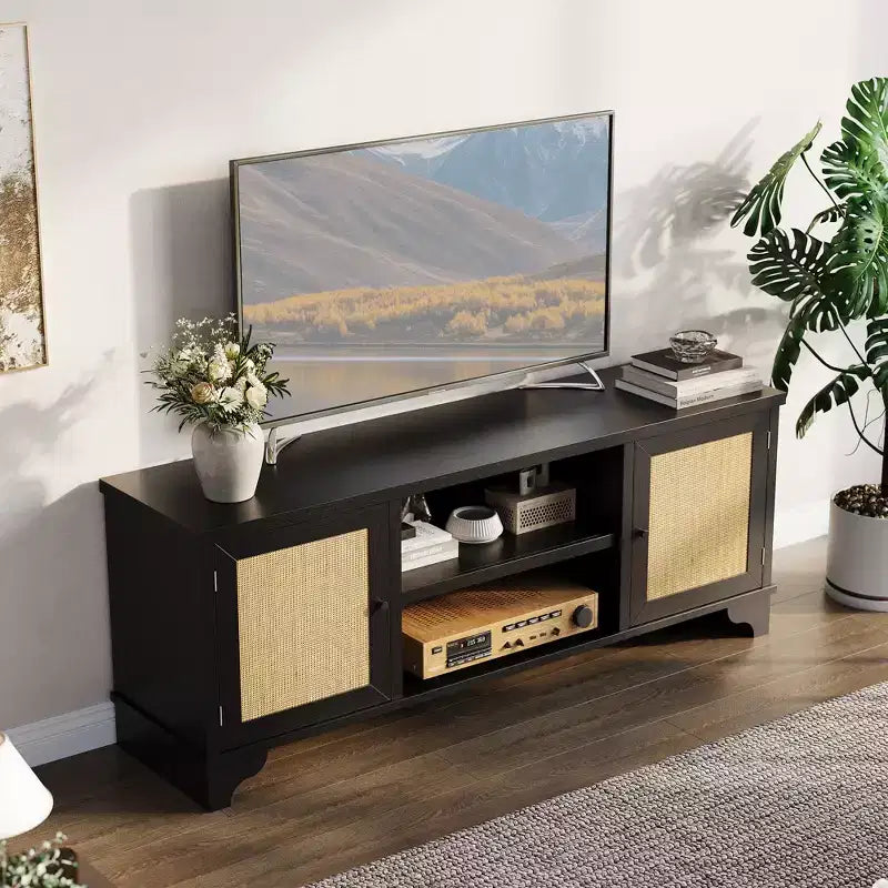 Mobile TV moderno in rattan per TV fino a 70", centro di intrattenimento da 61" con armadietto e ripiani aperti, tavolo console multimediale in legno