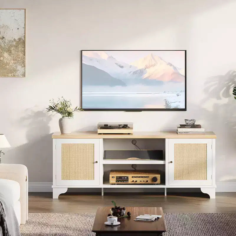 Mobile TV moderno in rattan per TV fino a 70", centro di intrattenimento da 61" con armadietto e ripiani aperti, tavolo console multimediale in legno