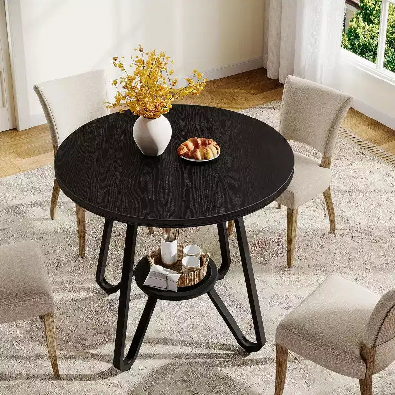 Tavolo da pranzo rotondo nero/marrone per 2 persone con due ripiani