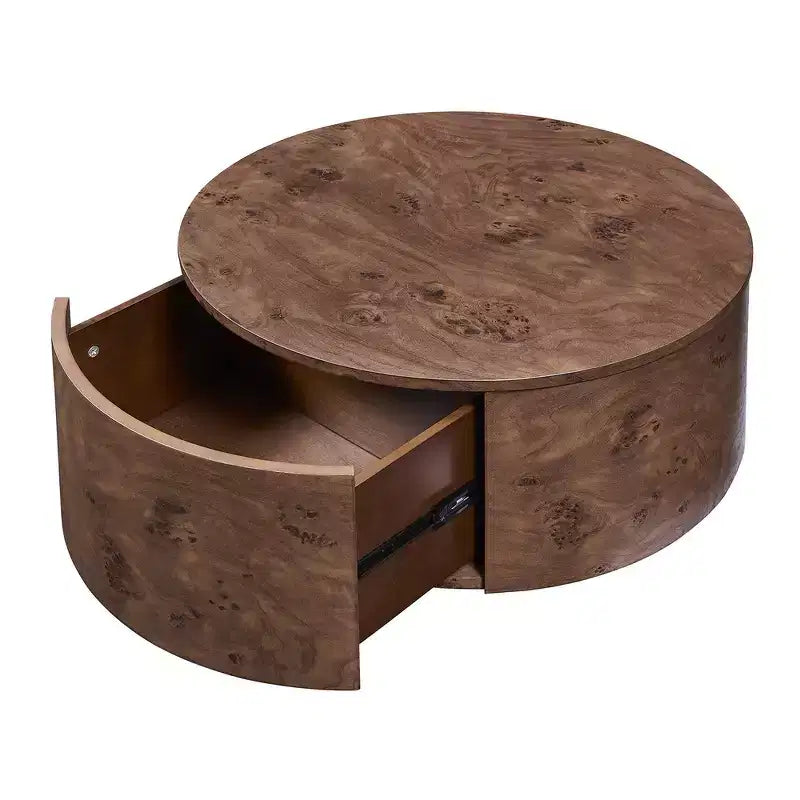 Tavolino da Caffè Rotondo Girevole a 360° Marrone con 2 Cassetti Nascosti, Posti a Sedere per 1