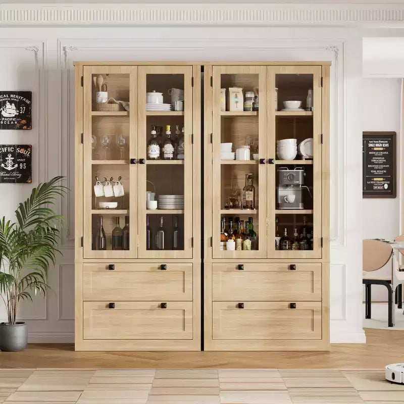 Dispensa da cucina stile rustico alta 183 cm con ante in vetro e 2 cassetti – Nero+Marrone / Naturale / Noce / Bianco