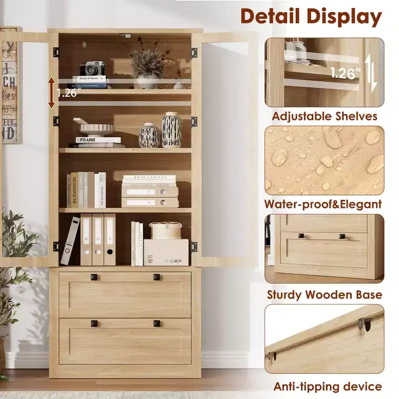 Dispensa da cucina stile rustico alta 183 cm con ante in vetro e 2 cassetti – Nero+Marrone / Naturale / Noce / Bianco