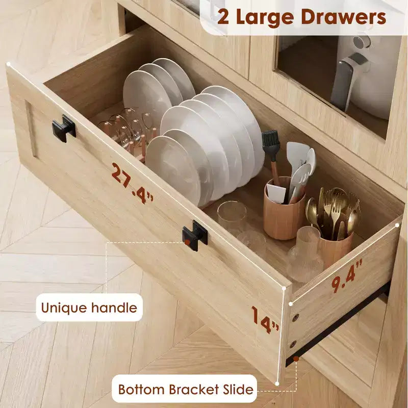 Dispensa da cucina stile rustico alta 183 cm con ante in vetro e 2 cassetti – Nero+Marrone / Naturale / Noce / Bianco