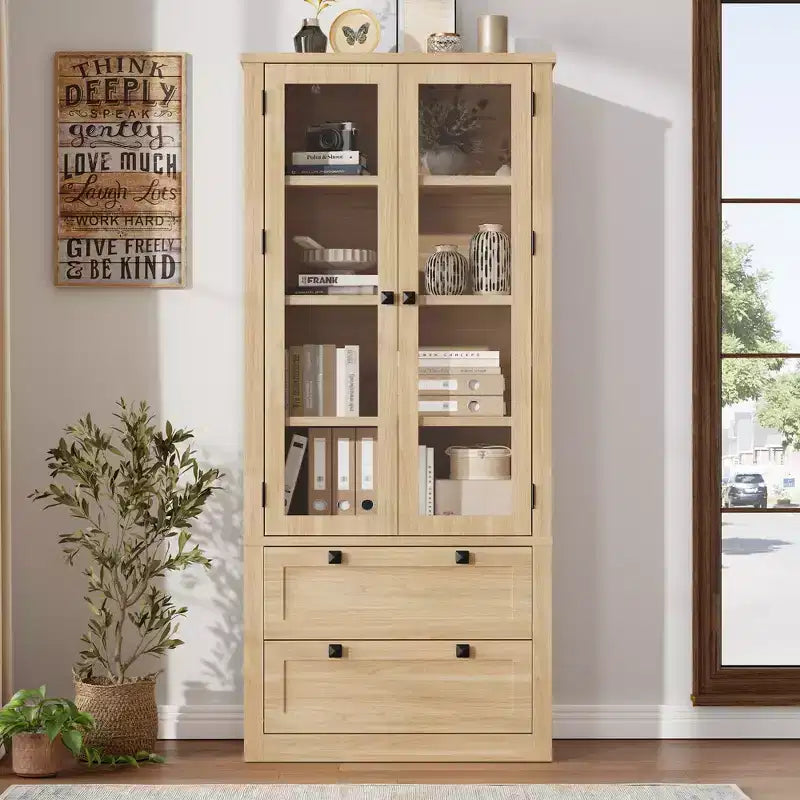 Dispensa da cucina stile rustico alta 183 cm con ante in vetro e 2 cassetti – Nero+Marrone / Naturale / Noce / Bianco