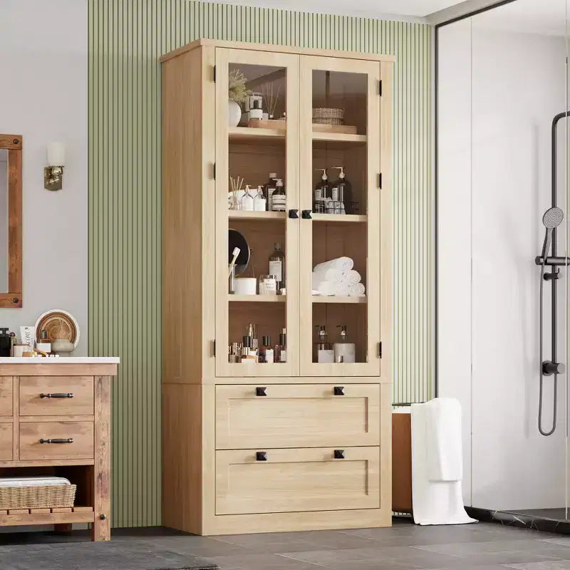 Dispensa da cucina stile rustico alta 183 cm con ante in vetro e 2 cassetti – Nero+Marrone / Naturale / Noce / Bianco