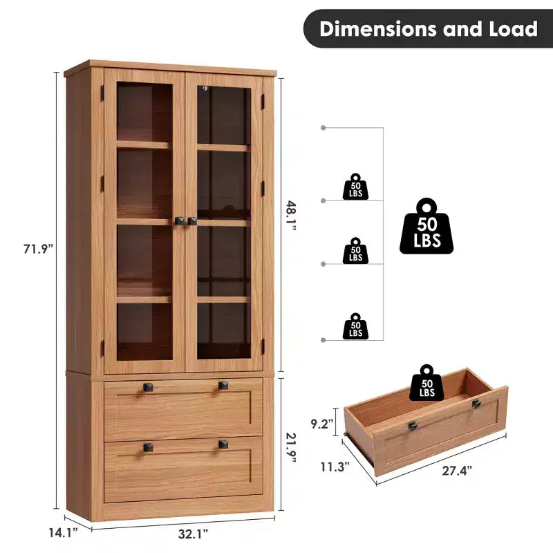 Dispensa da cucina stile rustico alta 183 cm con ante in vetro e 2 cassetti – Nero+Marrone / Naturale / Noce / Bianco