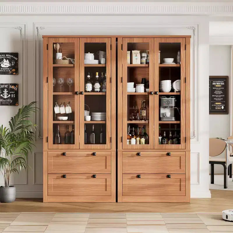 Dispensa da cucina stile rustico alta 183 cm con ante in vetro e 2 cassetti – Nero+Marrone / Naturale / Noce / Bianco