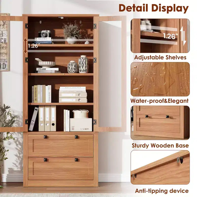 Dispensa da cucina stile rustico alta 183 cm con ante in vetro e 2 cassetti – Nero+Marrone / Naturale / Noce / Bianco