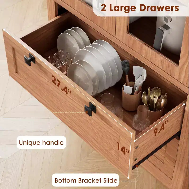 Dispensa da cucina stile rustico alta 183 cm con ante in vetro e 2 cassetti – Nero+Marrone / Naturale / Noce / Bianco