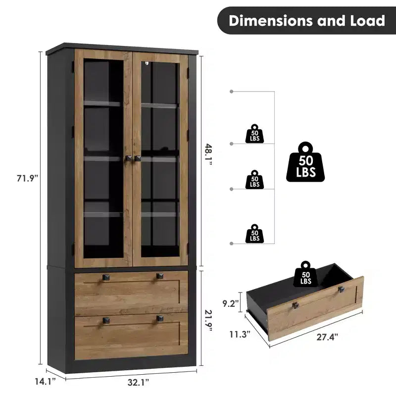 Dispensa da cucina stile rustico alta 183 cm con ante in vetro e 2 cassetti – Nero+Marrone / Naturale / Noce / Bianco