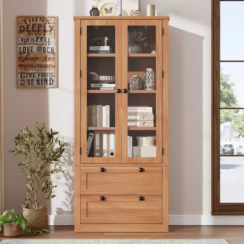 Dispensa da cucina stile rustico alta 183 cm con ante in vetro e 2 cassetti – Nero+Marrone / Naturale / Noce / Bianco