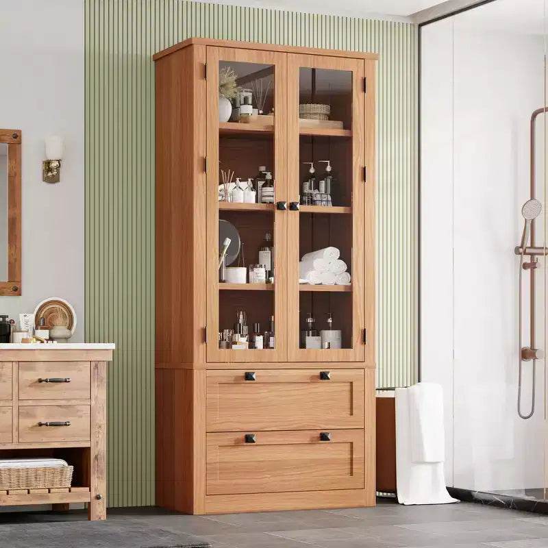 Dispensa da cucina stile rustico alta 183 cm con ante in vetro e 2 cassetti – Nero+Marrone / Naturale / Noce / Bianco