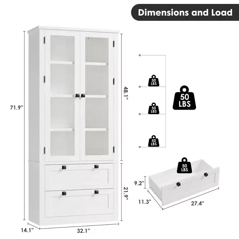 Dispensa da cucina stile rustico alta 183 cm con ante in vetro e 2 cassetti – Nero+Marrone / Naturale / Noce / Bianco