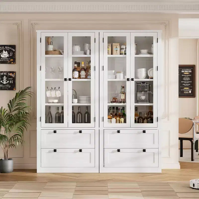Dispensa da cucina stile rustico alta 183 cm con ante in vetro e 2 cassetti – Nero+Marrone / Naturale / Noce / Bianco