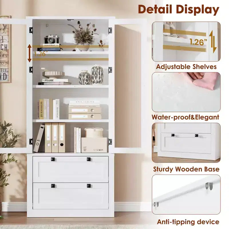 Dispensa da cucina stile rustico alta 183 cm con ante in vetro e 2 cassetti – Nero+Marrone / Naturale / Noce / Bianco
