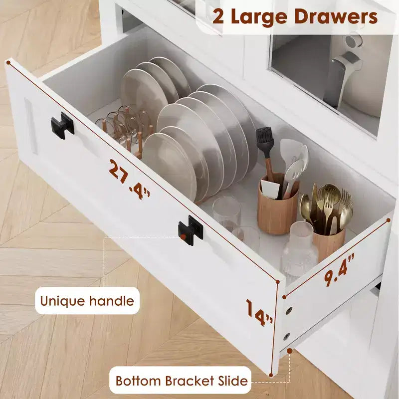Dispensa da cucina stile rustico alta 183 cm con ante in vetro e 2 cassetti – Nero+Marrone / Naturale / Noce / Bianco