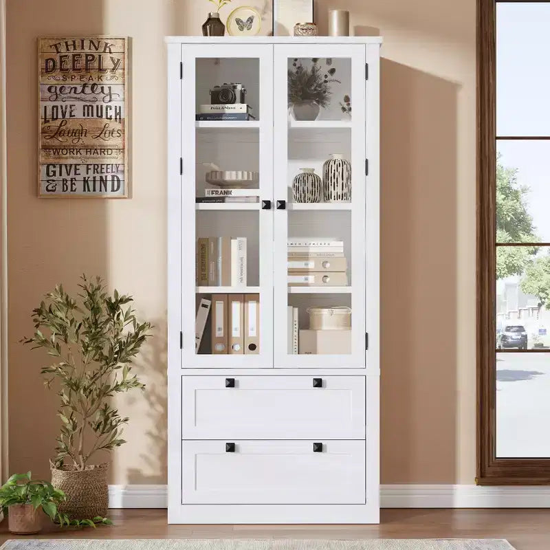 Dispensa da cucina stile rustico alta 183 cm con ante in vetro e 2 cassetti – Nero+Marrone / Naturale / Noce / Bianco