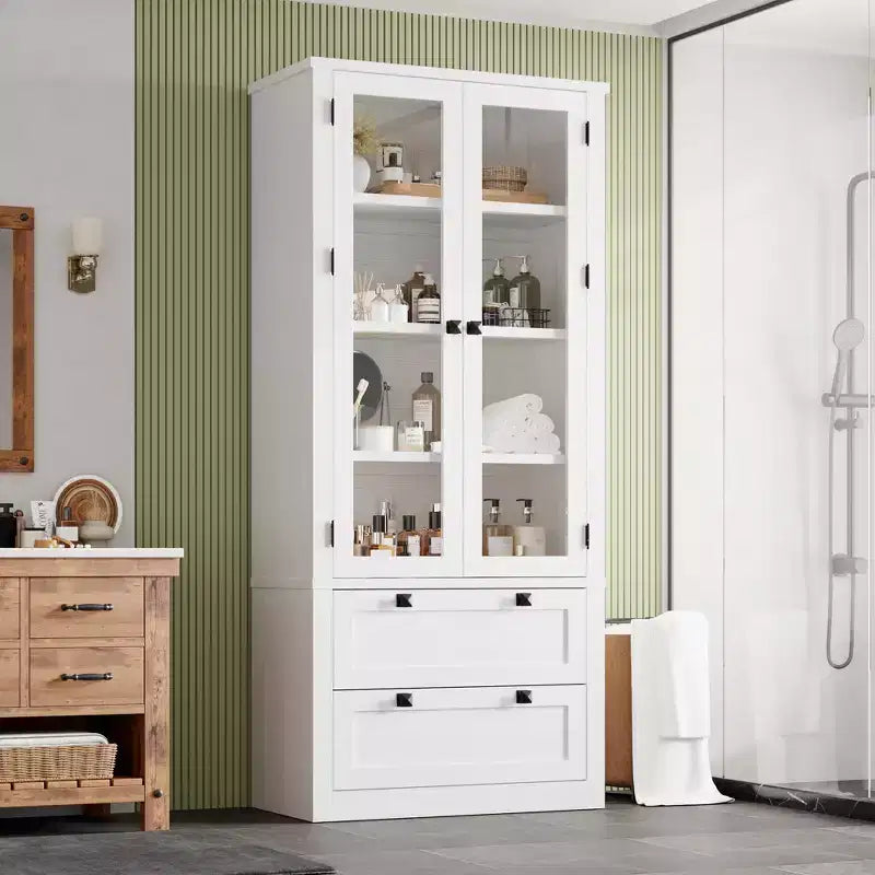 Dispensa da cucina stile rustico alta 183 cm con ante in vetro e 2 cassetti – Nero+Marrone / Naturale / Noce / Bianco
