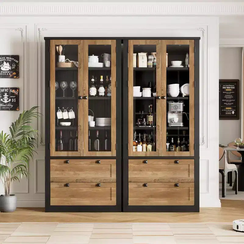Dispensa da cucina stile rustico alta 183 cm con ante in vetro e 2 cassetti – Nero+Marrone / Naturale / Noce / Bianco