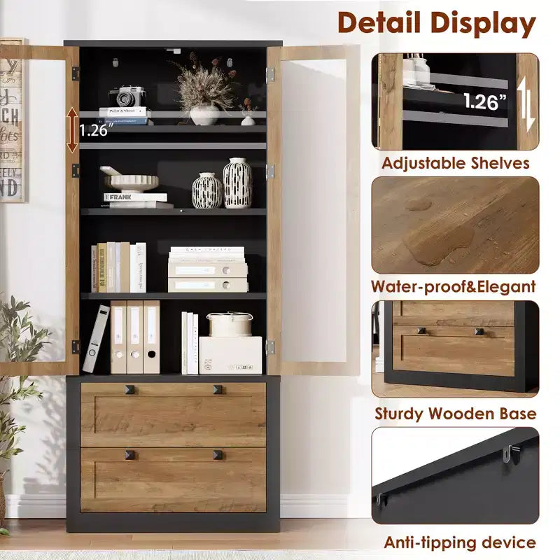 Dispensa da cucina stile rustico alta 183 cm con ante in vetro e 2 cassetti – Nero+Marrone / Naturale / Noce / Bianco
